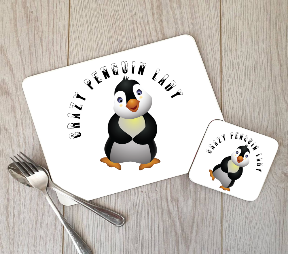 Penguin Hardboard Placemat and Coaster Set - Crazy Penguin Lady
